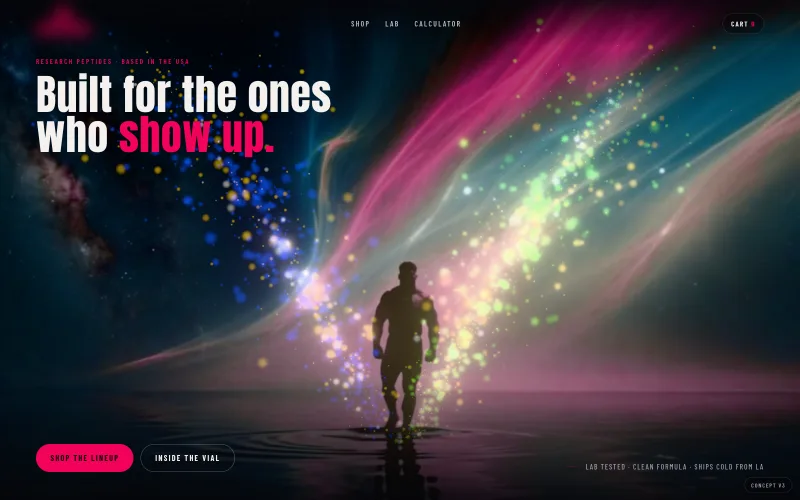 Brand concept site: video hero with a walking figure and aurora light, brand name removed