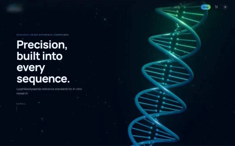 Client storefront: 3D helix hero and product catalog, brand name blurred