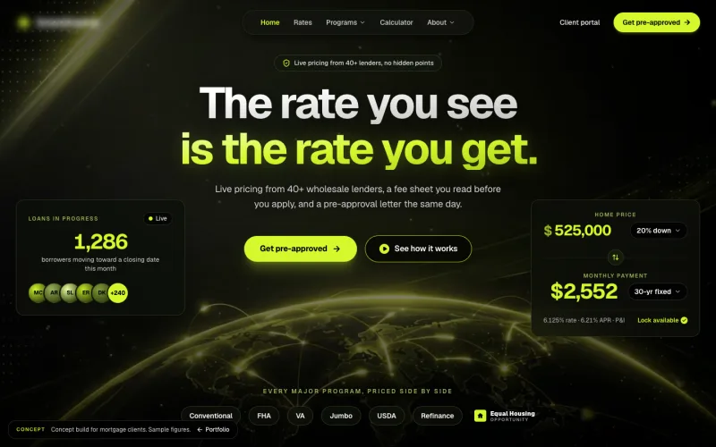 Concept build for mortgage clients: a landing page with a live payment calculator, brand blurred