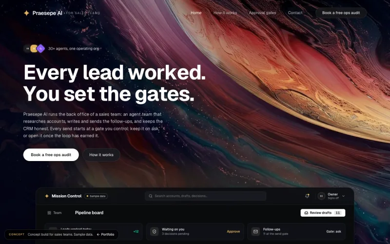 Concept build for sales teams: a Praesepe AI landing page with Mission Control rising from the bottom edge