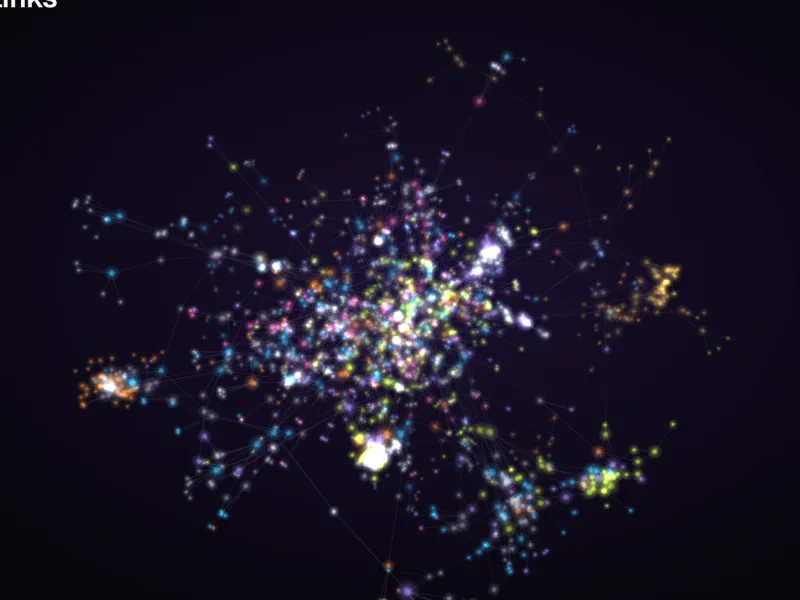 The team's shared memory: the real link structure of 28,000+ notes, labels hidden